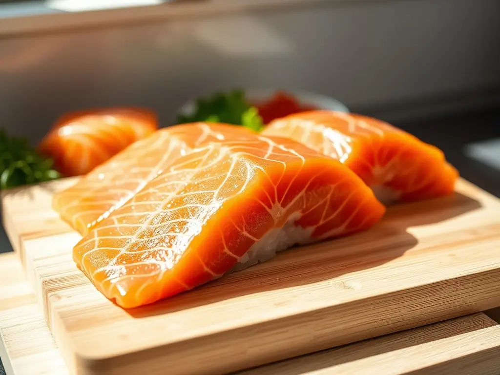 A close-up shot of a chef meticulously slicing a piece of salmon for sashimi, showcasing the precision and care that goes into preparing premium dishes at Yoko Sushi. The background features a clean, professional kitchen environment.